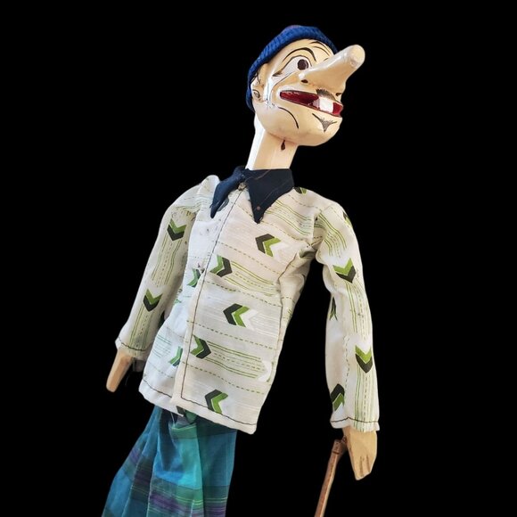 Two Hand Carved Puppets Wayang Golek Long Nose Java Indonesia Beanie Hats 17" - Picture 9 of 10